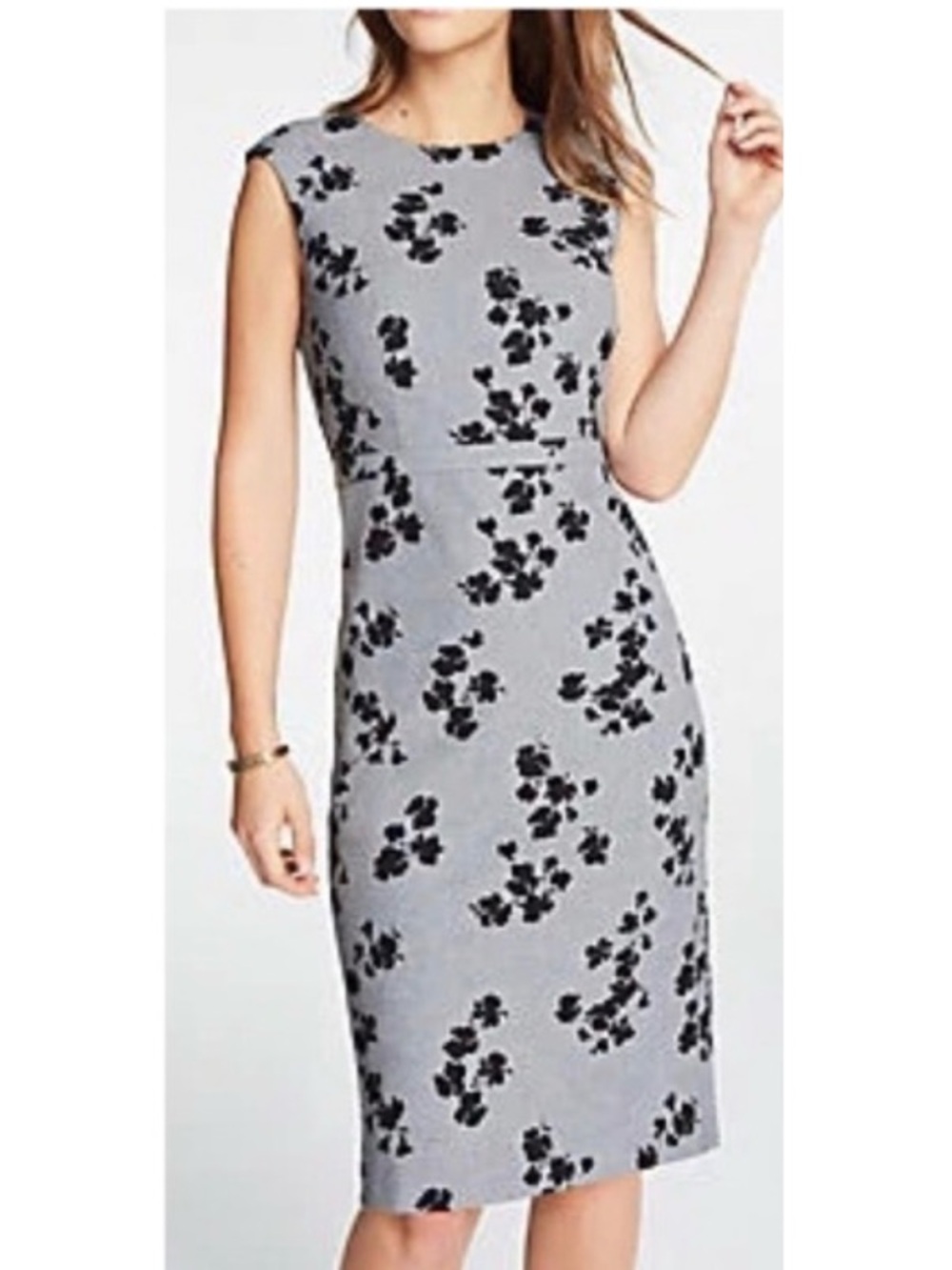 Ann Taylor Tall Floral Cap Sleeve Sheath Midi Dress Careerwear Stretch Grey 6T